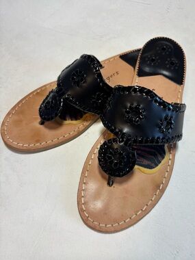 Jack Rogers Original Jacks Black Leather  Sandals with patent whipstitch, 7N